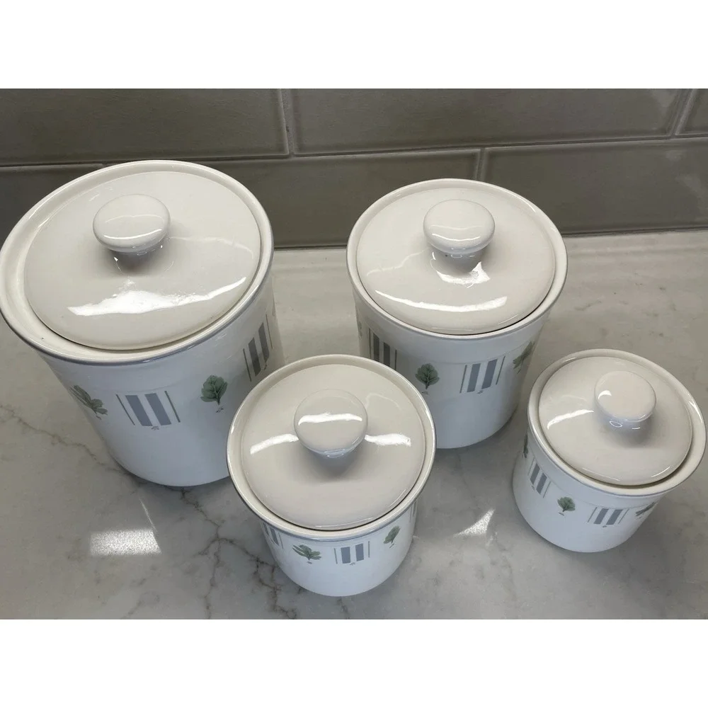 VTG Damon Wood Canister Set Of 4 W/ Lids Leaf Blue Bar, Farmhouse, Cottagecore